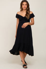 Black Smocked Ruched Ruffle Hem Maternity Maxi Dress