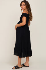 Black Smocked Ruched Ruffle Hem Maternity Maxi Dress