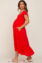 Red Smocked Ruched Ruffle Hem Maternity Maxi Dress