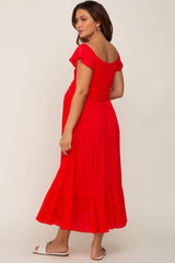 Red Smocked Ruched Ruffle Hem Maternity Maxi Dress