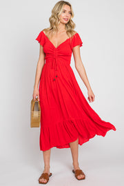 Red Smocked Ruched Ruffle Hem Maxi Dress