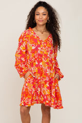 Coral Floral Button Front Ruffle Accent Dress