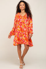 Coral Floral Button Front Ruffle Accent Dress