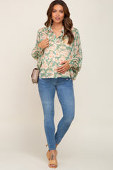 Green Floral Button Up Maternity Blouse