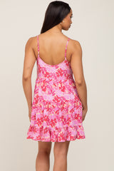 Pink Floral Sleeveless Tiered Mini Dress