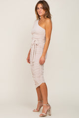 Beige Textured One Shoulder Ruched  Dress