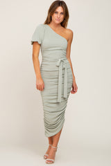 Light Olive Textured One Shoulder Ruched Dress