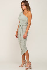 Light Olive Textured One Shoulder Ruched Dress