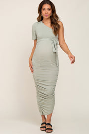 Light Olive Textured One Shoulder Ruched Maternity Dress