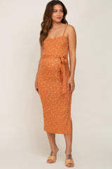 Rust Ribbed Floral Back Tie Maternity Midi Dress