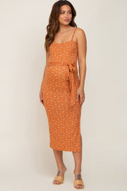 Rust Ribbed Floral Back Tie Maternity Midi Dress