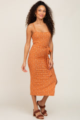 Rust Ribbed Floral Back Tie Midi Dress