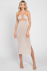 Ivory Striped Knit Front Cutout Midi Dress