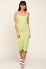 Lime Floral Ribbed Square Neck Back Tie Midi Dress