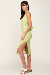 Lime Floral Ribbed Square Neck Back Tie Midi Dress