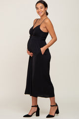 Black Sleeveless Ruched Drawstring Maternity Jumpsuit