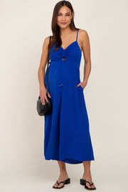 Royal Blue Sleeveless Ruched Drawstring Maternity Jumpsuit