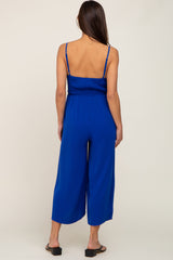 Royal Blue Sleeveless Ruched Drawstring Maternity Jumpsuit