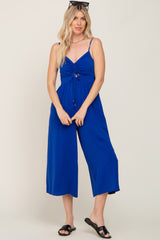 Royal Blue Sleeveless Ruched Drawstring Maternity Jumpsuit