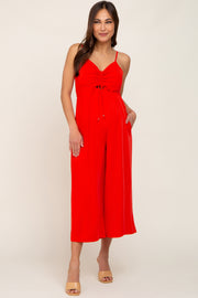 Red Sleeveless Ruched Drawstring Maternity Jumpsuit