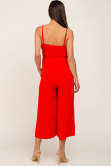 Red Sleeveless Ruched Drawstring Maternity Jumpsuit