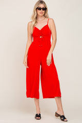 Red Sleeveless Ruched Drawstring Maternity Jumpsuit