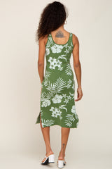 Olive Floral Sleeveless Knit Midi Dress