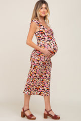 Black Floral Fitted Maternity Midi Dress