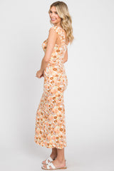 Peach Floral Fitted Midi Dress