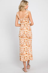 Peach Floral Fitted Midi Dress