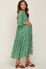 Green Floral V-Neck Tiered Maternity Midi Dress