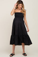 Black Smocked Shoulder Tie Maternity Midi Dress