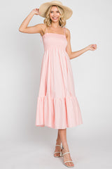 Pink Smocked Shoulder Tie Maternity Midi Dress