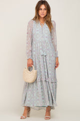 Mint Green Printed Long Sleeve Maxi Dress