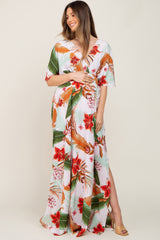 White Floral Smocked Waist Maternity Maxi Dress