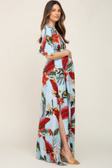 Blue Floral Smocked Waist Maternity Maxi Dress