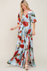 Blue Floral Smocked Waist Maternity Maxi Dress