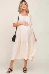 Cream Off Shoulder Short Sleeve Ruffle Tiered Maternity Midi Dress