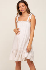 Beige Linen Square Neck Tie Strap Ruffle Hem Maternity Dress