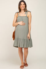 Light Olive Linen Square Neck Tie Strap Ruffle Hem Maternity Dress