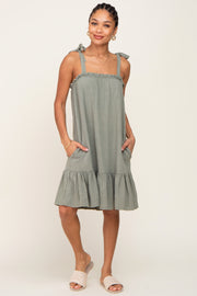 Light Olive Linen Square Neck Tie Strap Ruffle Hem Dress