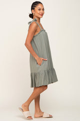 Light Olive Linen Square Neck Tie Strap Ruffle Hem Dress