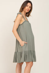 Light Olive Linen Square Neck Tie Strap Ruffle Hem Maternity Dress