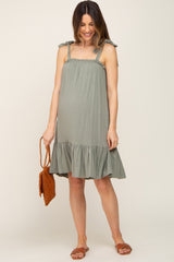 Light Olive Linen Square Neck Tie Strap Ruffle Hem Maternity Dress