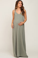 Light Olive Linen V-Neck Tie Strap Maternity Maxi Dress