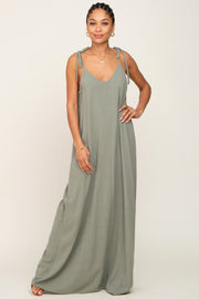 Light Olive Linen V-Neck Tie Strap Maxi Dress