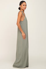 Light Olive Linen V-Neck Tie Strap Maxi Dress