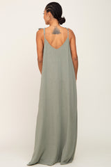 Light Olive Linen V-Neck Tie Strap Maxi Dress