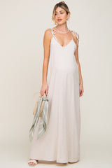 Beige Linen V-Neck Tie Strap Maternity Maxi Dress