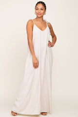 Beige Linen V-Neck Tie Strap Maxi Dress